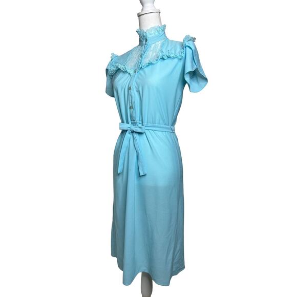 Vintage 70s Size Small High Neck Lace Collared Dress Tulip Sleeves Cottage - Picture 2 of 9